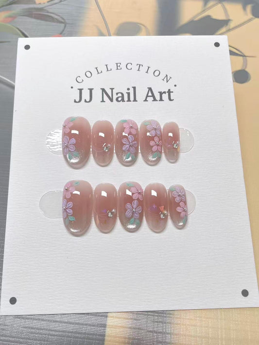 Spring Petals Hand Painted Press On Nails: Custom Shape Reusable Nail Set