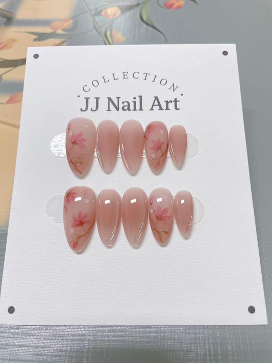 Pink Florals Handmade Press On Nails: Reusable Custom Shape Set