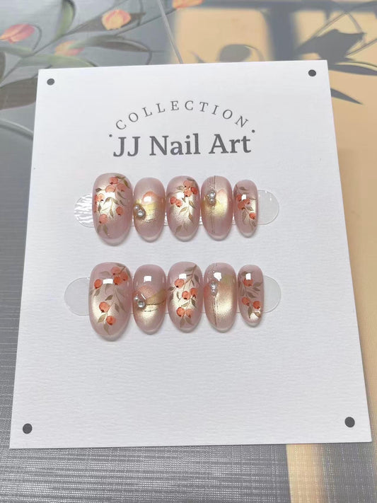 Fruits Cat Eye Hand Painted Press On Nails: Custom Shape Reusable Nail Set
