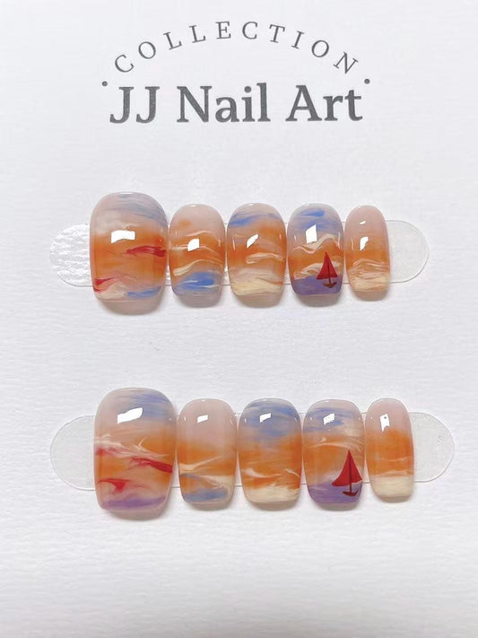 Custom Shape Press On Nails: Smudge Sunset Hand Painted, Reusable Fake Nails