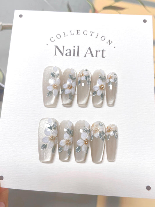 Hand Painted Cat Eye Floral Press On Nails: Reusable Artist Faux Nails