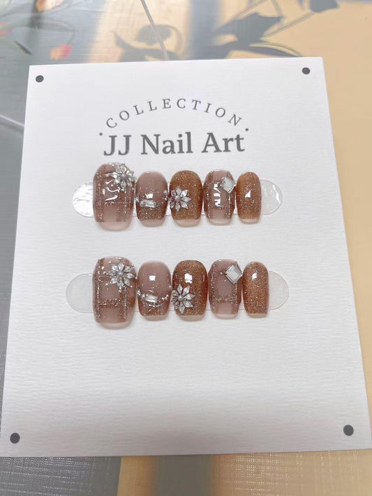 Gem Stones Brown Hand Painted Press On Nails: Custom Shape Reusable Nail Set