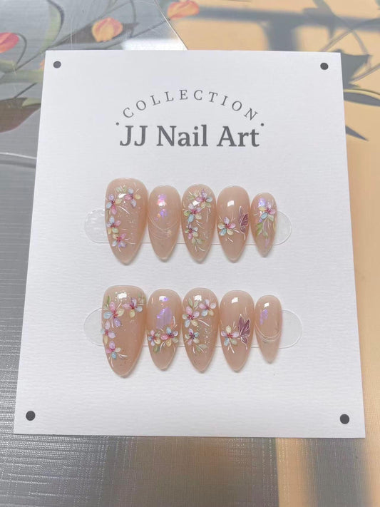 Hand Painted Press On Nails, Aurora Flower Chains, Reusable Custom Nail Shape