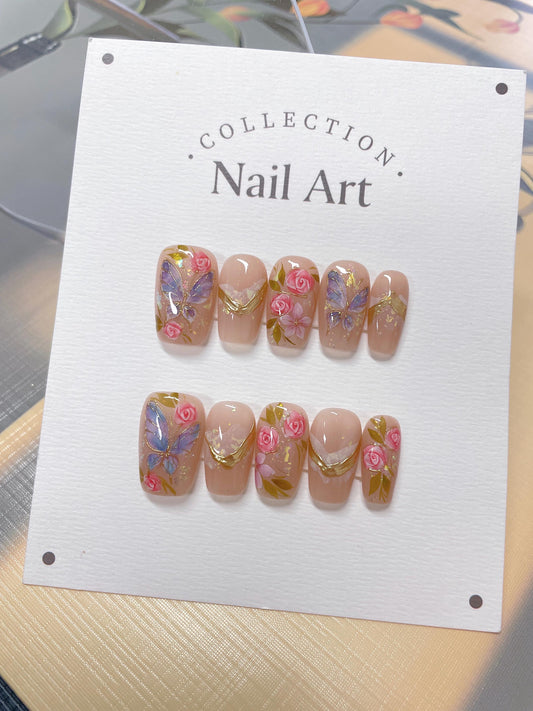 Hand Painted Butterfly Rose Press On Nails: Elegant Reusable Faux Nails