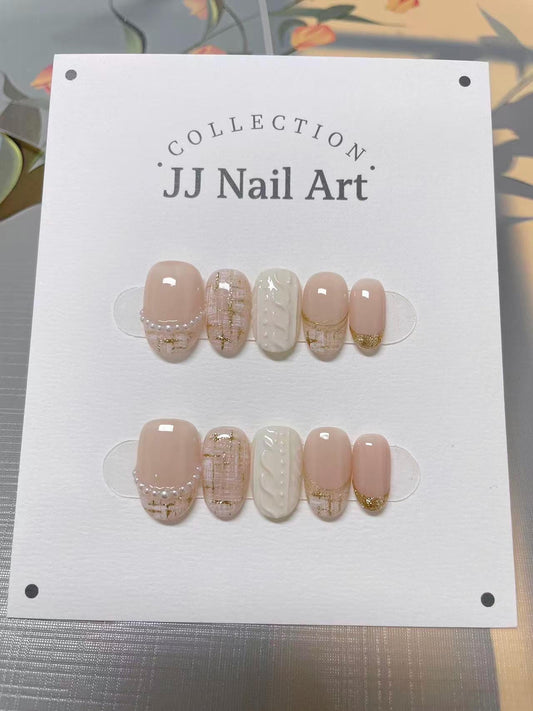 Gold French Tips Press On Nails: Hand Painted Reusable Fake Nails