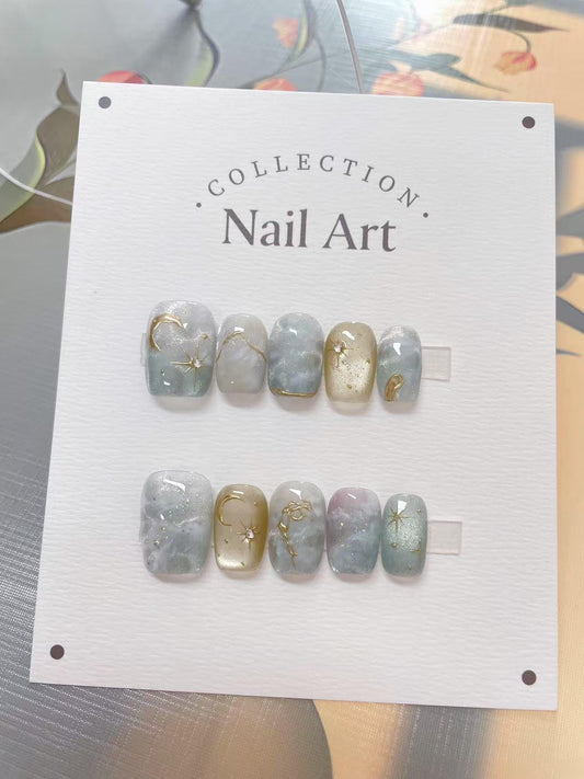 Moon & Stars Cat Eye Press On Nails: Hand Painted Reusable Faux Nails
