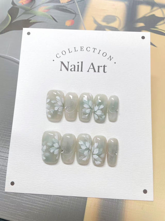 White Floral Pedals Press On Nails: Hand-Painted Reusable Faux Nails