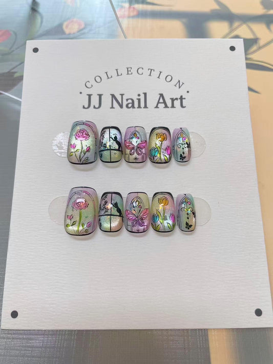 Hand Made Flowers Butterfly Cat Eye Press On Nails: Custom Shape Reusable Set