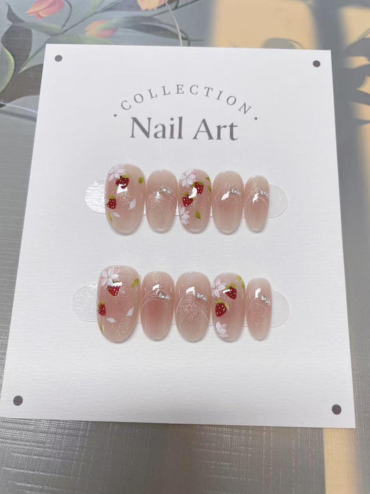Hand Painted Strawberry Gem Press On Nails: Reusable Artist Faux Nails