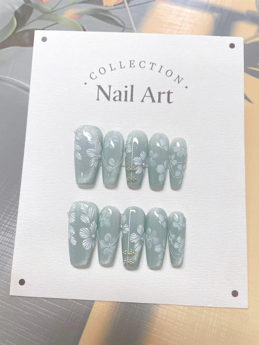 Handmade Sky Blue Floral Press On Nails: Beaded Reusable False Nails