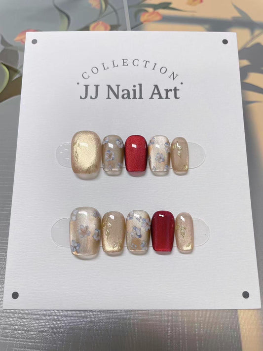 Hand Painted Cat Eye Press On Nails: Small Petals, Reusable Custom Nail Shape