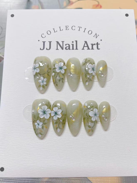 3D Petals Jade Hand Painted Press On Nails: Custom Shape Reusable Nail Set
