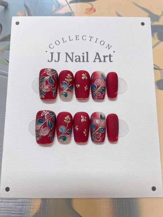 Handmade Elegant Flowers Red Press On Nails: Reusable Nail Set