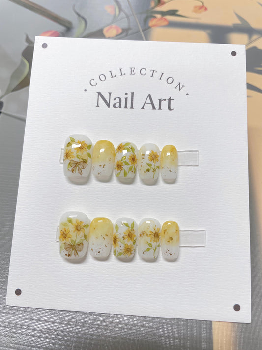 Hand Painted Sunflower Press On Nails: Reusable Artist Faux Nails