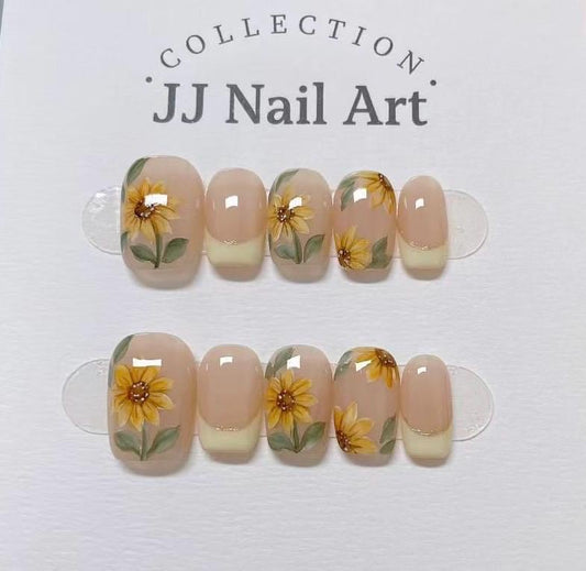 Handmade SunFlowers French Press On Nails: Reusable Set