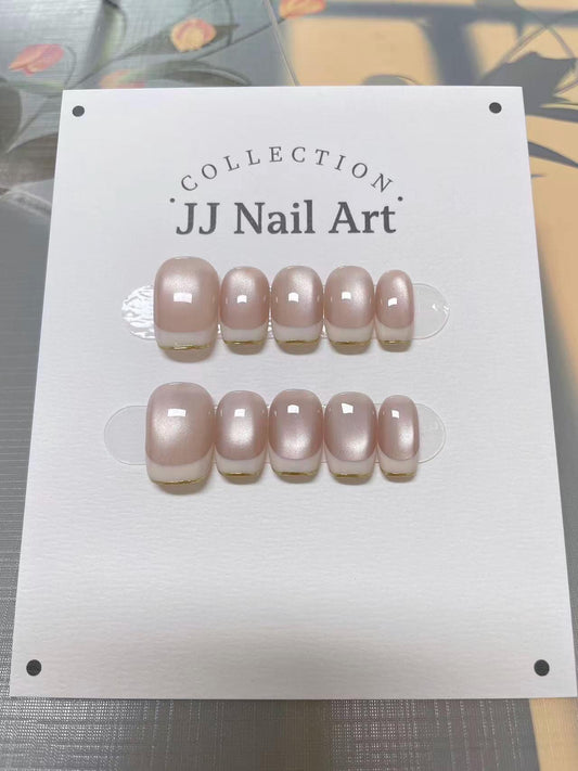 Gold Line French Hand Painted Press On Nails: Custom Shape Reusable Nail Set