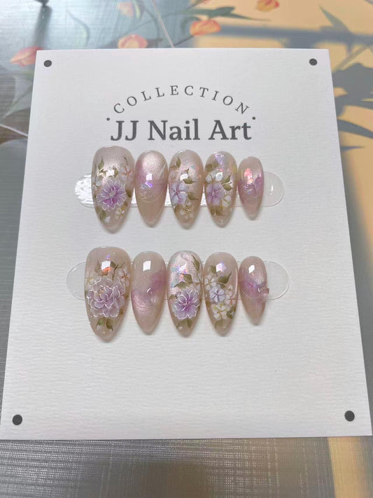 Handmade Purple Blooming Florals Press On Nails: Reusable Set