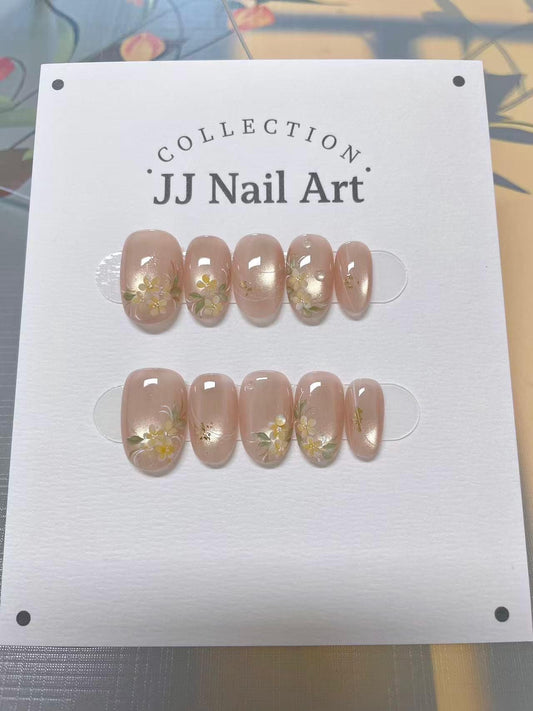 Handmade Fall Yellow Flowers Cat Eye Press On Nails: Reusable Nail Set