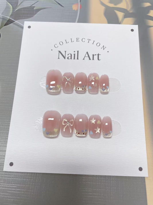Handmade Kitty Press On Nails, Cute Faux Nails, Reusable Premium Nails