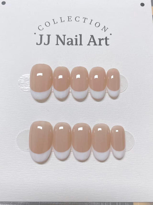 Custom Shape Press On Nails: White French Tips Hand Painted, Reusable Fake Nails