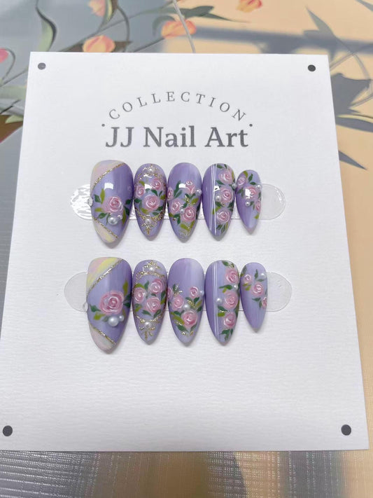 Purple Lover Roses Hand Painted Press On Nails: Custom Shape Reusable Nail Set