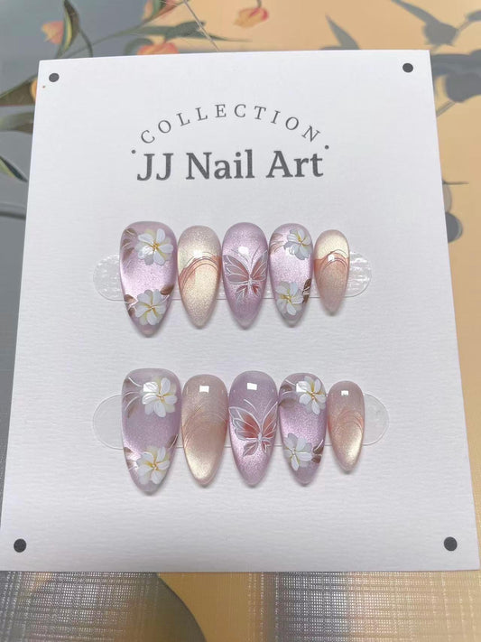 White Petals Butterfly Hand Painted Press On Nails: Custom Shape Reusable Nail Set