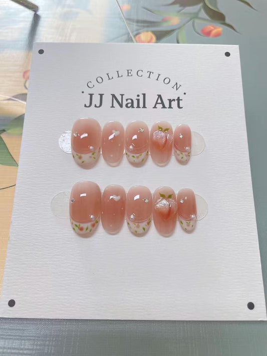 Handmade 3D Peaches French Press On Nails: Reusable Set