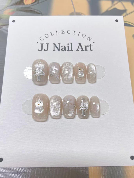 Hand Painted Snowman Cat Eye Press On Nails: Custom Shape Reusable Nail Set