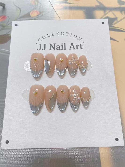 Handmade Sea Stars Cat Eye Press On Nails: Custom Shape Reusable Set