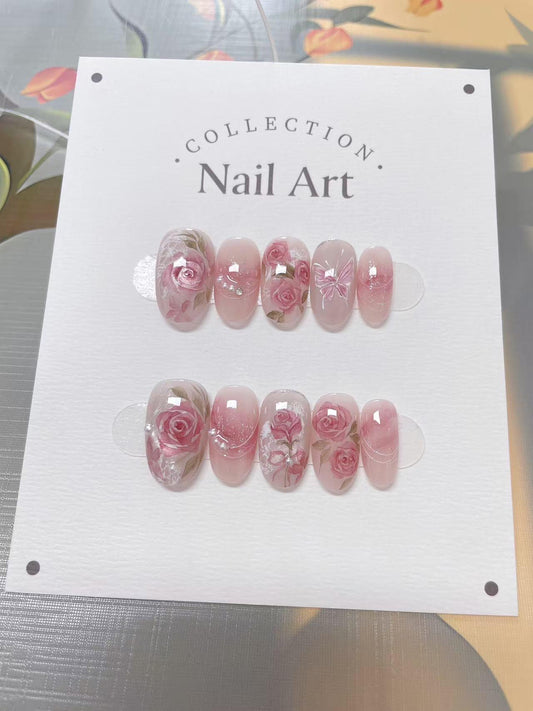 Hand Painted Pink Roses Press On Nails, Cat Eye Reusable False Nails