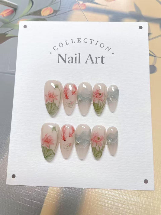 Hand Painted Lotus Fish Press On Nails: Reusable Artist Faux Nails