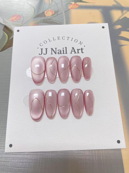 Silky Pink Cat Eye Hand Painted Press On Nails: Custom Shape Reusable Nail Set