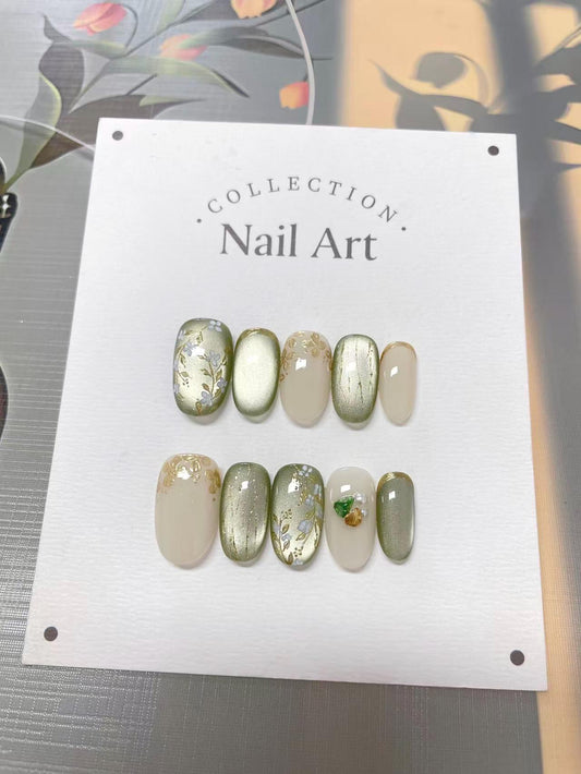 Green Cat Eye Press On Nails: Gem Accents, Hand Painted Faux Nails