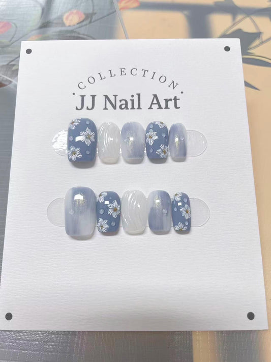 White Petals Hand Painted Press On Nails: Custom Shape Reusable Nail Set