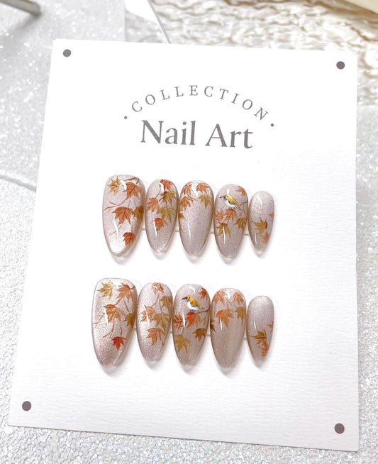 Handmade Watercolor Autumn Leaves Press On Nails: Bird Accent, Reusable