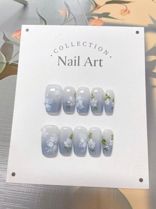 Hand Painted Ombre Blue Press On Nails: Reusable Artist Faux Nails