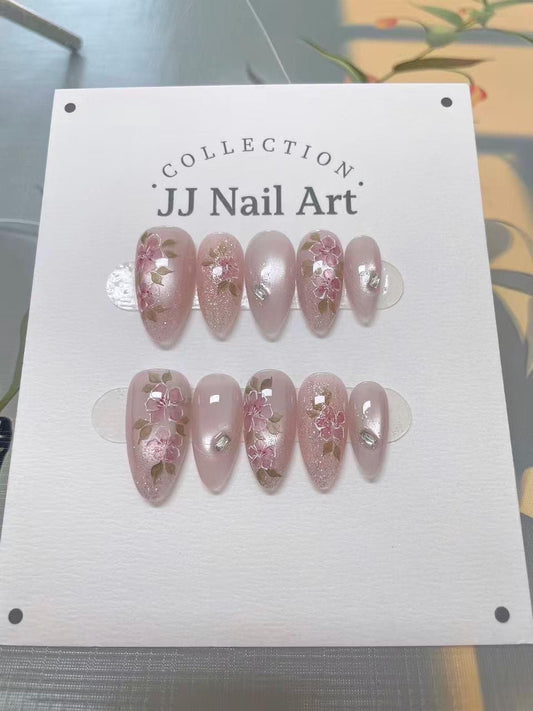 Handmade Pink Flowers Cat Eye Press On Nails: Reusable Set