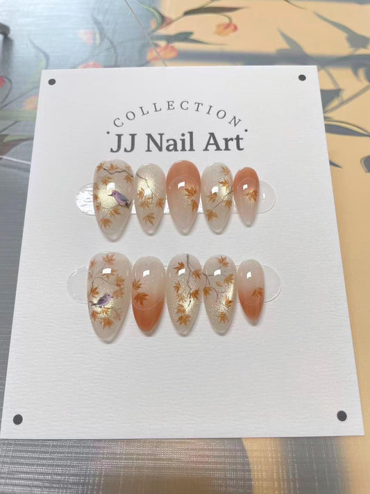 Handmade Birds Leaves Press On Nails: Reusable Set