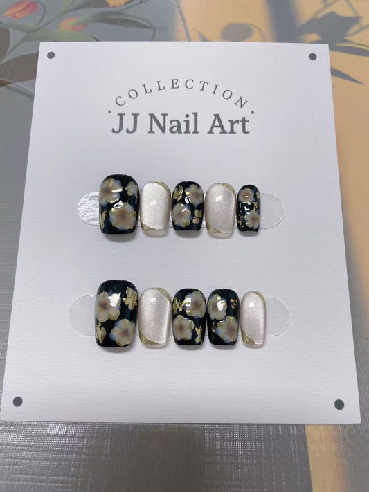 White Petals Cat Eye Press On Nails: Hand Painted Reusable Fake Nails