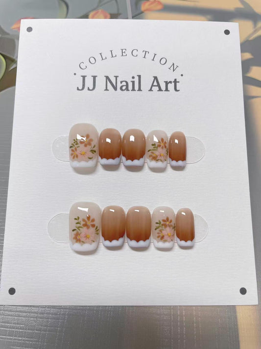 White French With Colorful Petals Press On Nails: Hand Painted Reusable Fake Nails