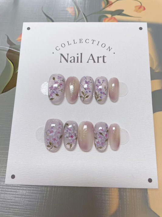 Cherry Blossom Cat Eye Press On Nails: Hand Painted Reusable Faux Nails