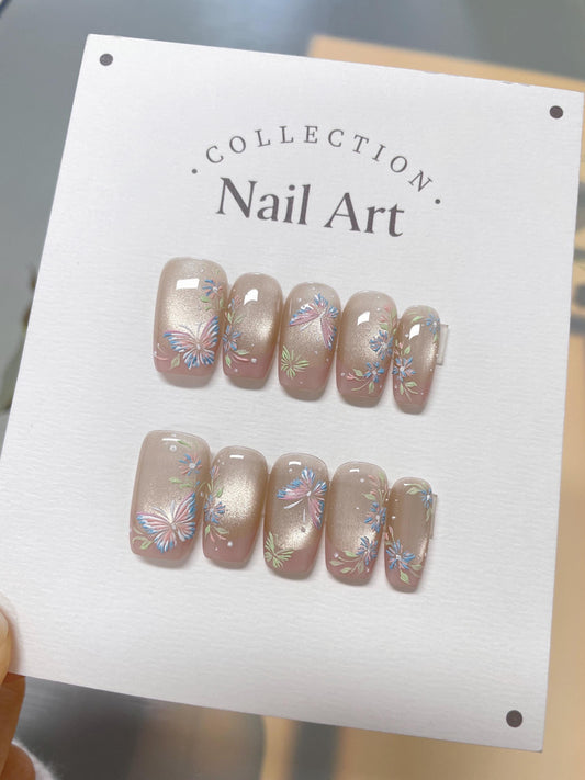 Hand Painted Butterfly Press On Nails: Reusable Artist Faux Nails