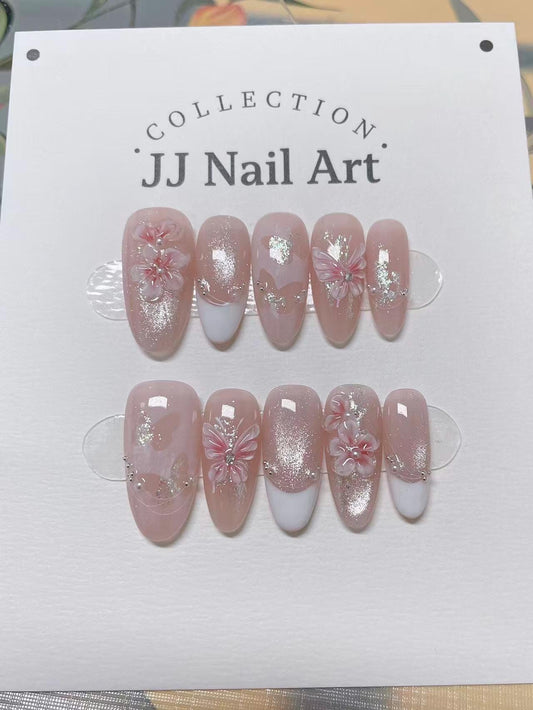3D Butterflies Petals French Press On Nails: Hand Painted Reusable Fake Nails