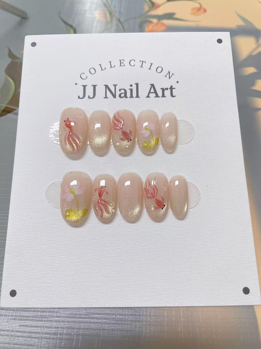 Water Lilies and Fish Press On Nails: Custom Shape Reusable Set