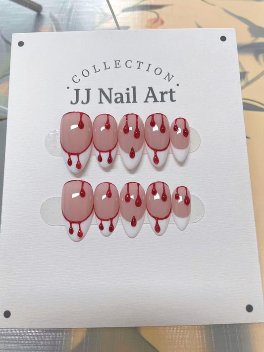 Handmade Blood Drops White French Press On Nails: Reusable Nail Set