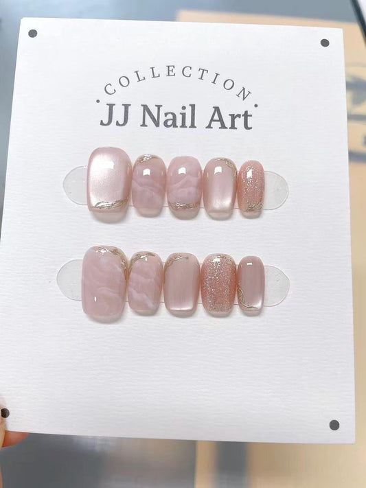 Pink Smudge Cat Eye Hand Painted Press On Nails: Custom Shape Reusable Nail Set