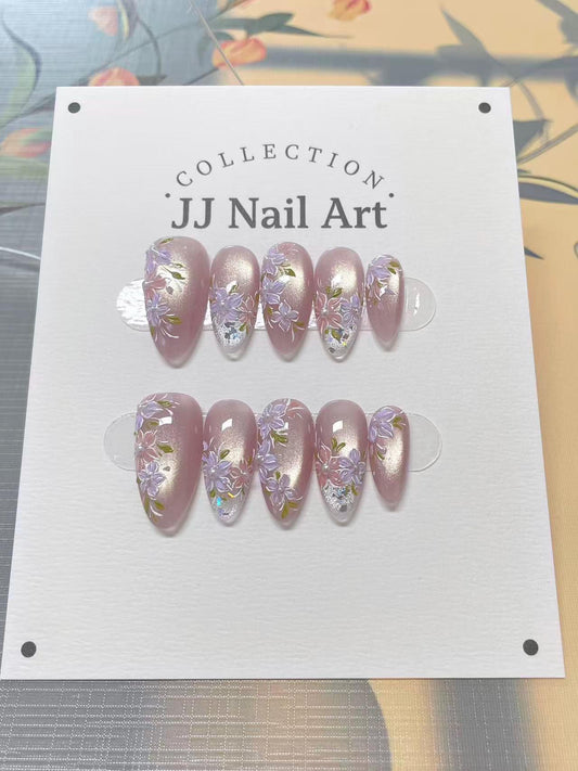 Handmade Pastel Florals Cat Eye Press On Nails: Reusable Set