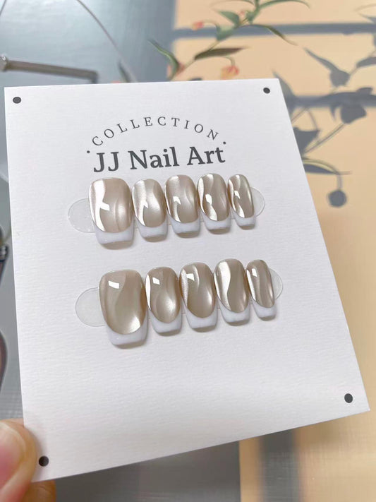Handmade Cat Eye Press On Nails: White French Tip Reusable Nail Set