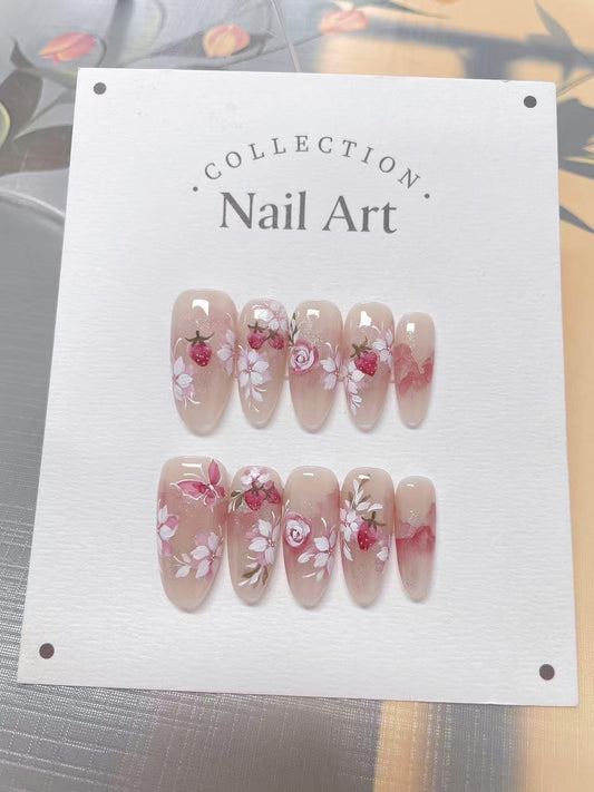 Hand Painted Strawberry Butterfly Press On Nails: Reusable Artist Faux Nails