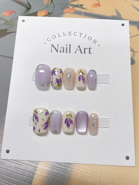 Lavender Floral Press On Nails: Hand Painted Reusable Faux Nails